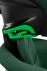 A close-up view of a green and black child car seat, focusing on a green buckle mechanism. Náhľad obrázku produktu