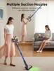 Three women are shown in a living room setting, each holding or using a cordless vacuum cleaner. The image highlights different suction nozzles and their use on different tasks. Produktbild-Vorschau
