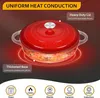 A red Dutch oven is shown with callouts highlighting its features. Produktbild-Vorschau