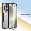 A phone case with a built-in screen protector is shown from the side and back, with text overlay describing its features. Produktbild-Vorschau
