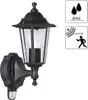 A black outdoor wall lantern with a motion sensor and IP44 rating. Produktbild-Vorschau