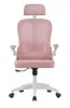 A pink ergonomic office chair with a mesh back and headrest, shown from the front on a white background. Podgląd zdjęcia produktu