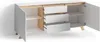 A white and wood-effect sideboard with its doors and drawers open, showing the interior shelves and compartments. Produktbild-Vorschau