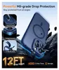 A blue phone case is shown falling onto rocks, with text highlighting its protective features. Produktbild-Vorschau