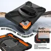 A rugged tablet case with a rotating stand and hand strap, shown from multiple angles against a blurred background of a road and icy landscape. Produktbild-Vorschau