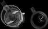 A top-down view of a food processor bowl with blades and a lid, set against a black background. Voir les images du produit