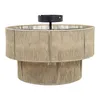 A two-tiered, drum-shaped ceiling light fixture covered in beige jute rope, mounted on a black metal base. Produktbild-Vorschau