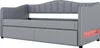 A gray upholstered daybed with a pull-out trundle bed and LED light strips on the side. Náhled obrázku produktu
