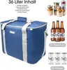A collage showing a blue cooler bag, jars of food, and bottles of beer, with text indicating capacity and quantity. Produktbild-Vorschau