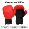 Two boxing gloves are shown against a white background, with text overlays describing features. Produktbild-Vorschau