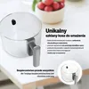 A clear glass air fryer basket with a gray handle is displayed on a white table, next to a bowl of radishes. Text highlights the product's features. Podgląd zdjęcia produktu