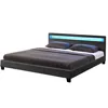 A modern grey upholstered bed with blue LED lighting on the headboard. Náhled obrázku produktu