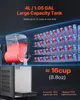 A commercial slush machine with a large capacity tank, shown with a background of many cups, and text highlighting its features. Voir les images du produit