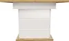 A front view of a table with a wooden top and a white cabinet base with drawers. Produktbild-Vorschau