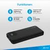 A black power bank is shown with marketing text and icons describing its features. Anteprima dell’immagine prodotto