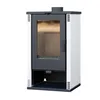 A white and gray wood-burning stove is shown against a white background. Produktbild-Vorschau