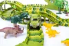 A toy dinosaur race track set with various dinosaur figures and a toy car. Produktbild-Vorschau