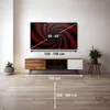 A television mounted on a wall above a media console in a living room setting. Produktbild-Vorschau