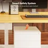 A desk with a monitor, keyboard, and a filing cabinet underneath. An arrow indicates upward movement. Produktbild-Vorschau