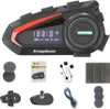 A collage of a motorcycle Bluetooth headset and its accessories, laid out on a white background. Náhled obrázku produktu
