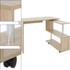 A light brown L-shaped desk with a rotating section and shelves, shown against a white background. Close-up insets show the desk's corner joint, a metal support pole, and a wheel. Produktbild-Vorschau