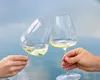 Two hands holding wine glasses filled with white wine, toasting against a blurred blue background. Produktbild-Vorschau