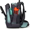 A side view of a backpack with a water bottle and other items inside. Produktbild-Vorschau