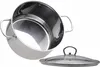 A stainless steel pot and its glass lid are displayed against a white background. Produktbild-Vorschau