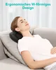 A woman is lying on a couch with a massage pillow supporting her neck. Produktbild-Vorschau