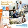 Collage showing a smartphone app controlling a smart home device, with people using it in different locations. Produktbild-Vorschau