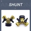 Two brass Y-shaped hose splitters with black handles and caps, shown against a white background. Produktbild-Vorschau