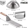 A set of three stainless steel barbecue tools, including a lid, a spatula, and a burger press, with dimensions indicated. Anteprima dell’immagine prodotto
