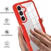 A person's hands are holding a red and transparent phone case, showcasing its features. Produktbild-Vorschau