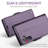 A purple leather wallet-style phone case is shown, with text highlighting its slim and lightweight features. Produktbild-Vorschau