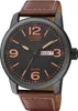 A close-up, front-facing studio shot of a Citizen Eco-Drive men's watch with a black dial and brown leather strap. Anteprima dell’immagine prodotto