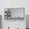 A bathroom vanity with a mirror and shelves. Produktbild-Vorschau