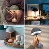 A collage of four images showcasing a mushroom-shaped LED table lamp in different settings and colors. Produktbild-Vorschau
