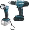 A cordless drill and a flashlight are shown against a white background. Produktbild-Vorschau