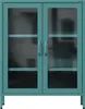 A teal metal cabinet with glass doors and adjustable shelves. Podgląd zdjęcia produktu