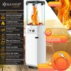 A white gas patio heater with a glass enclosure showing flames, surrounded by marketing text and icons. Produktbild-Vorschau