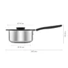 A side view of a stainless steel saucepan with a black lid and handle, with dimensions indicated by lines and text. Voir les images du produit