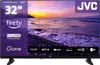 A JVC television displaying a scenic image of a beach at sunset, with various app logos and product specifications overlaid on the screen. Produktbild-Vorschau