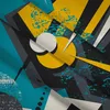 A close-up abstract geometric pattern with teal, yellow, black, gray, and white elements. Náhľad obrázku produktu