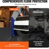 A split image showing a garage floor before and after using protective tiles. The left side shows a clean floor with a person working on a car, labeled 'After Use'. The right side shows a dirty floor with tire marks and gasoline stains, labeled 'Before Use Voir les images du produit