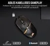 A gaming mouse with a USB dongle and feature icons at the bottom. Produktbild-Vorschau