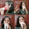 A collage of four images showing a woman using a vocal dampener for singing practice. Produktbild-Vorschau