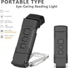 A black portable reading light with its features listed on the left side, and a second view of the light on the right. Produktbild-Vorschau