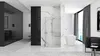 A modern bathroom with a shower cabin, bathtub, and a view through the window. Produktbild-Vorschau