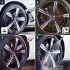 A four-panel collage showing the steps for cleaning car rims with a spray cleaner. Produktbild-Vorschau