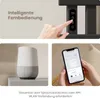 Collage showing a smart towel dryer controlled by voice assistant and smartphone app. Produktbild-Vorschau
